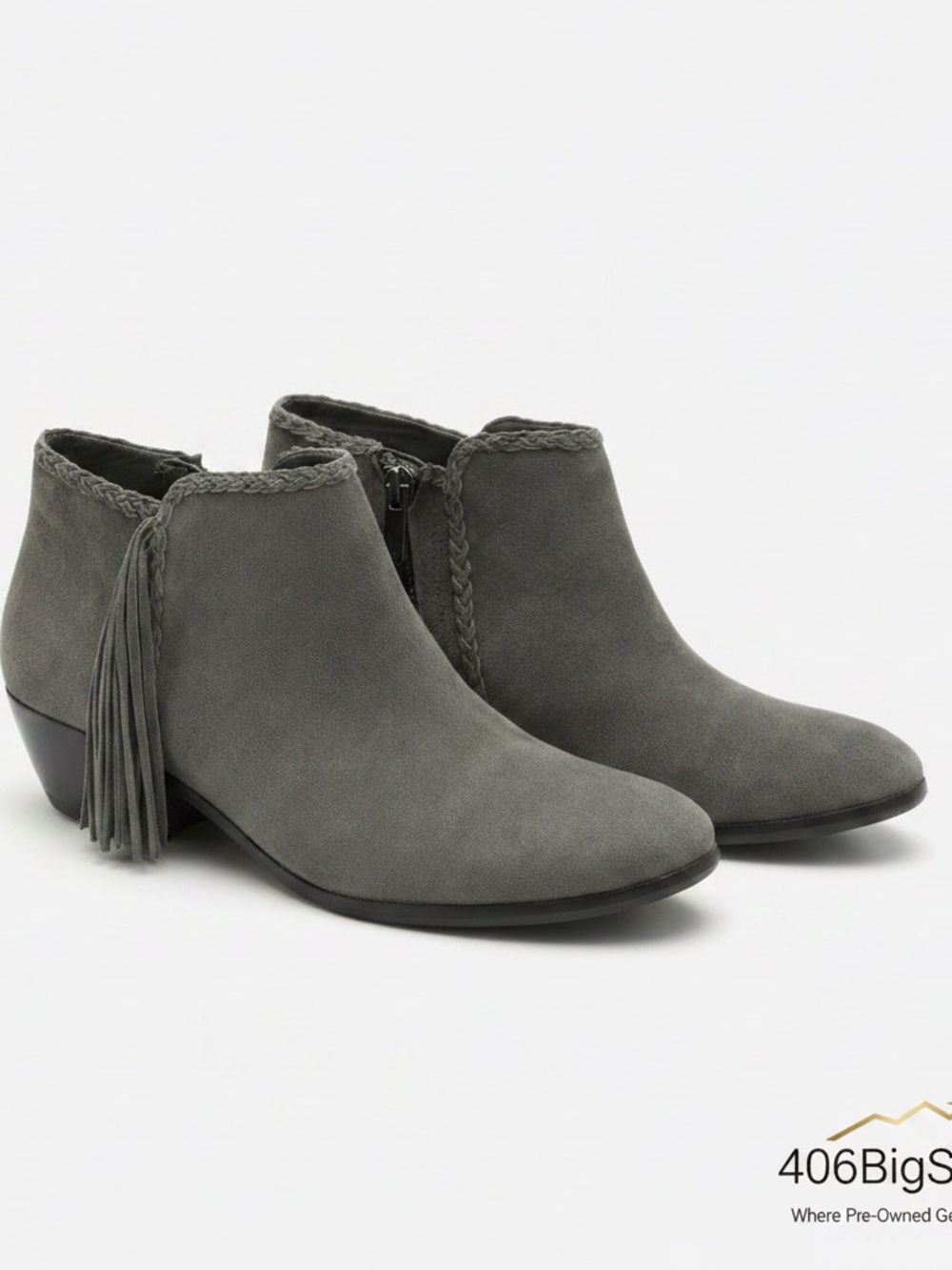 Sam Edelman Gray Suede Braided Trim Ankle Booties with Tassel